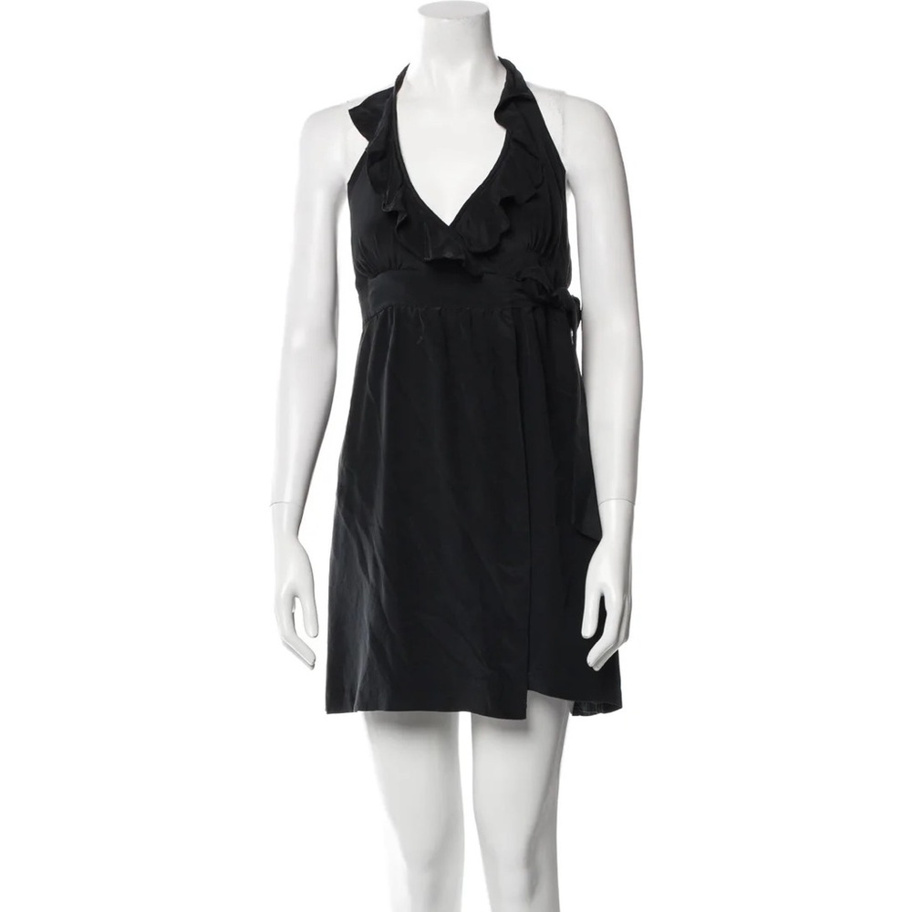 TIBI 100% Silk Little Black Ruffle Mini Dress Halter Neck Bow Waist ❗️550 MSRP❗️